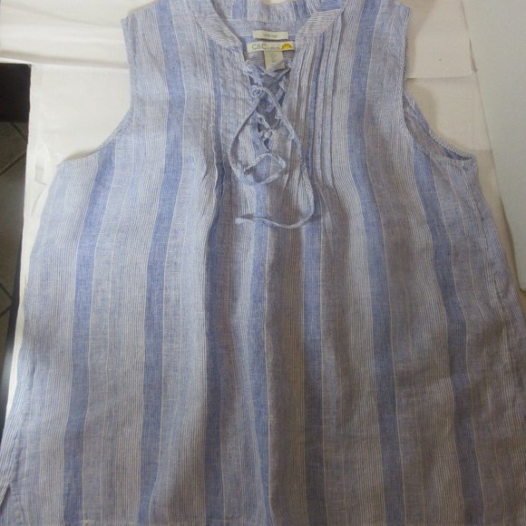 C&C California 100% Linen Blue Striped Short Sleeve Blouse Top Large - Picture 1 of 5